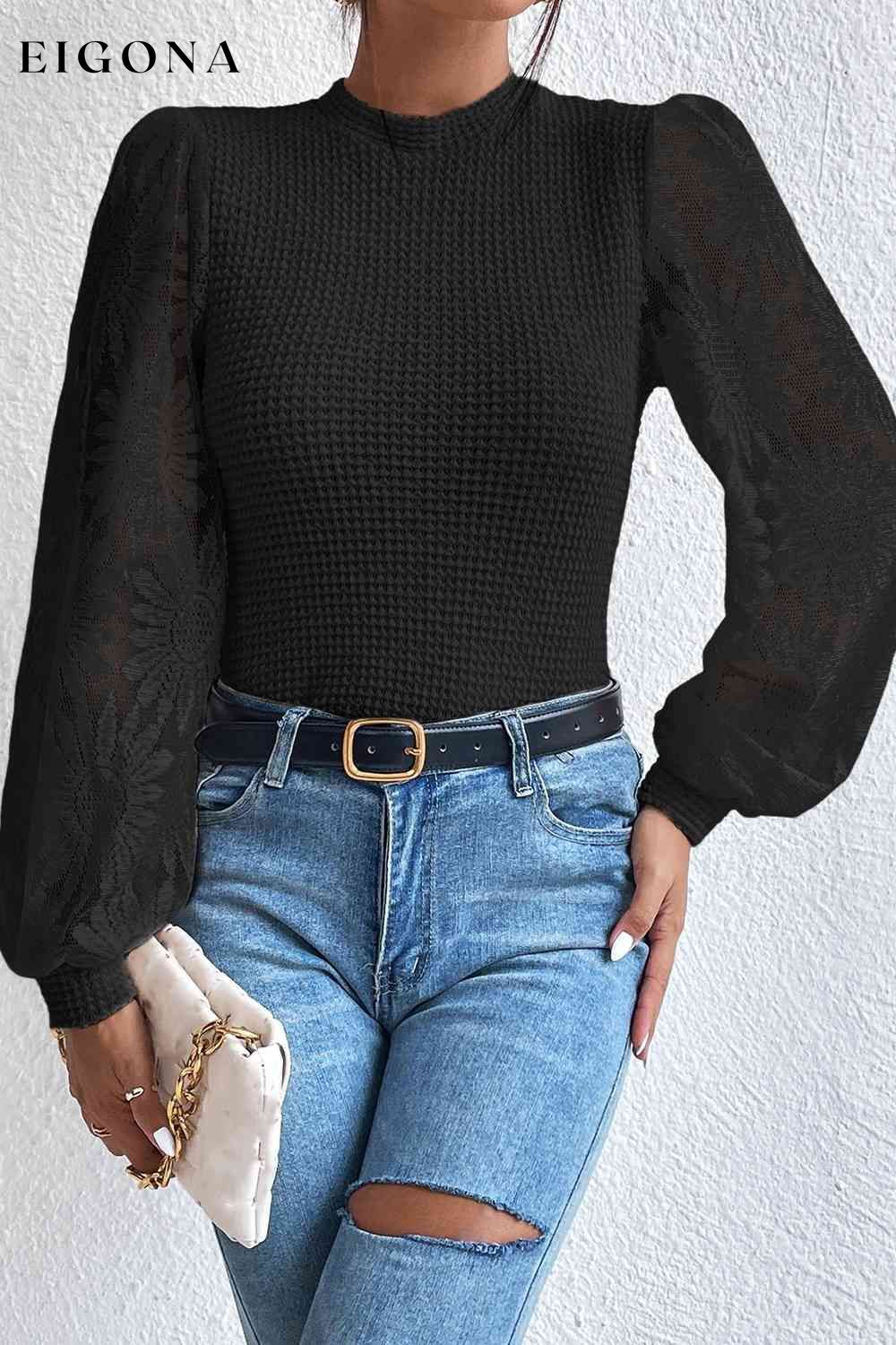 Floral Lace Detail Lantern Sleeve Blouse Black clothes Ship From Overseas SYNZ