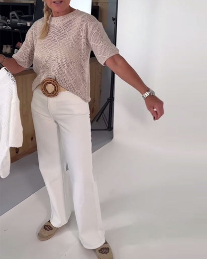 Rundhalspullover in Volltonfarbe mit Hohlsaum