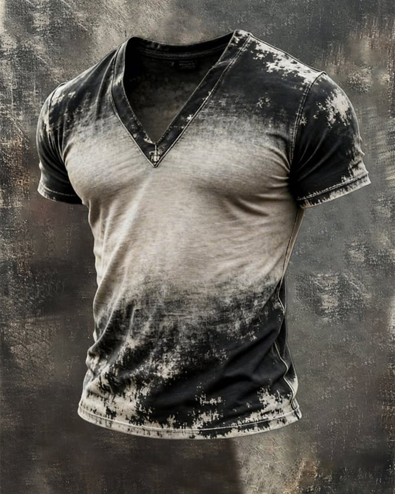 Retro Men's Top With A Used Look, Color Block Design, V-Neck And Short Sleeves