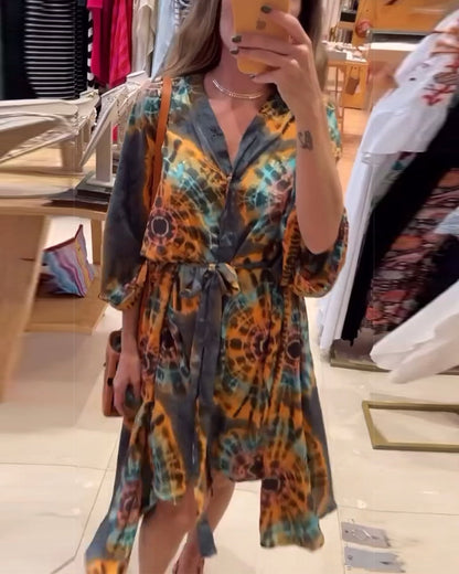 Irregular V-Neck Tie Waist Dress