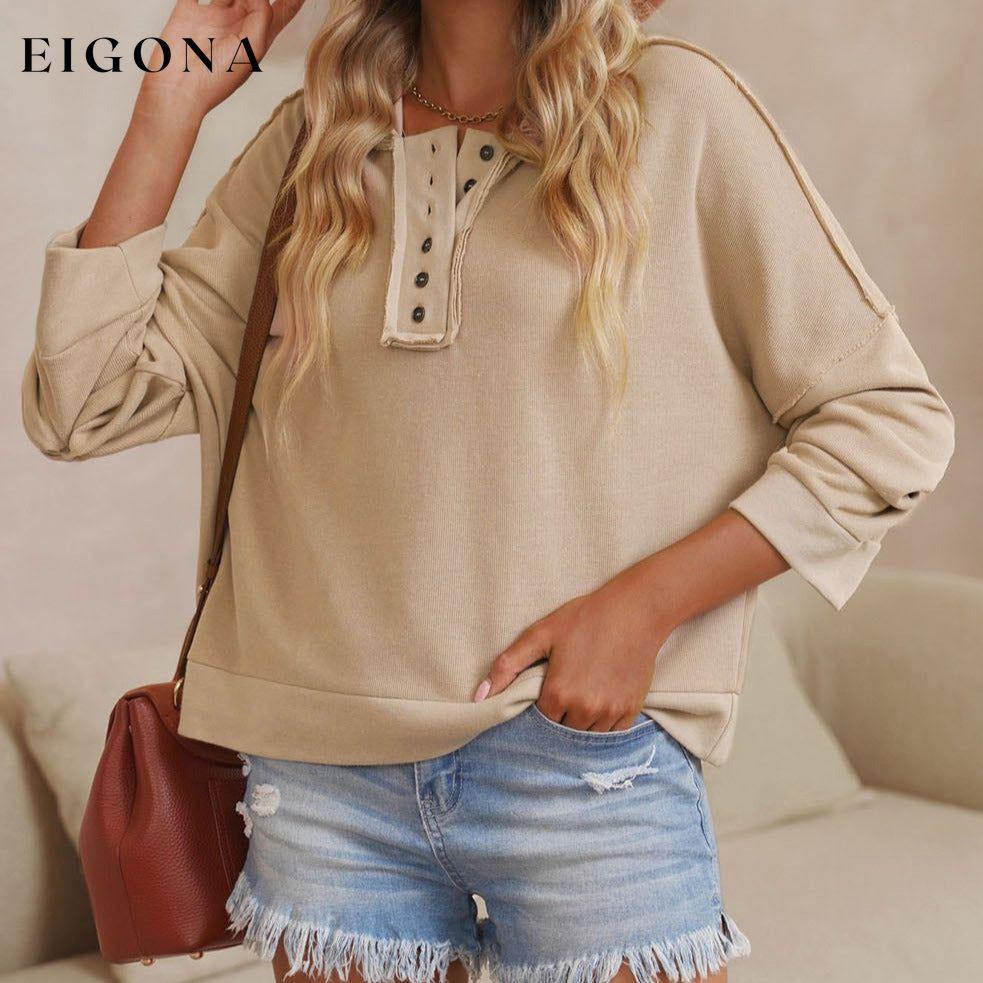 Casual Button Solid Patchwork Trim Hoodie All In Stock clothes Color Khaki Craft Patchwork long sleeve shirts long sleeve top Occasion Daily Print Solid Color Season Fall & Autumn Style Casual Sweater sweaters Sweatshirt