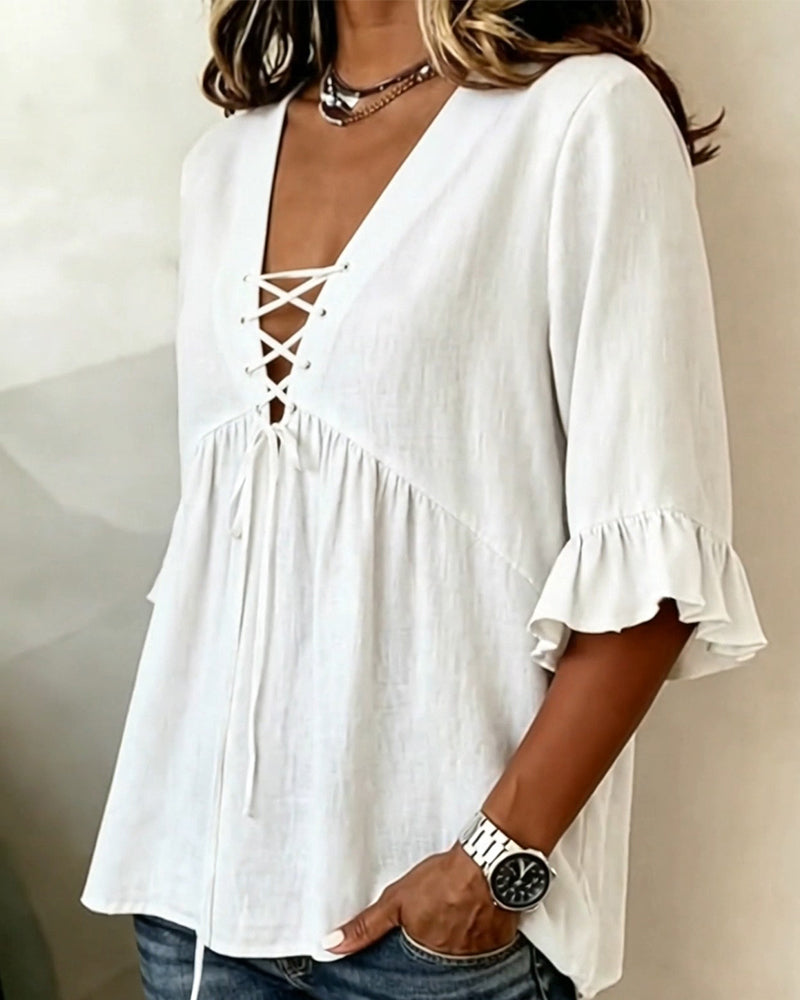 Solid V-Neck Ruffle Blouse