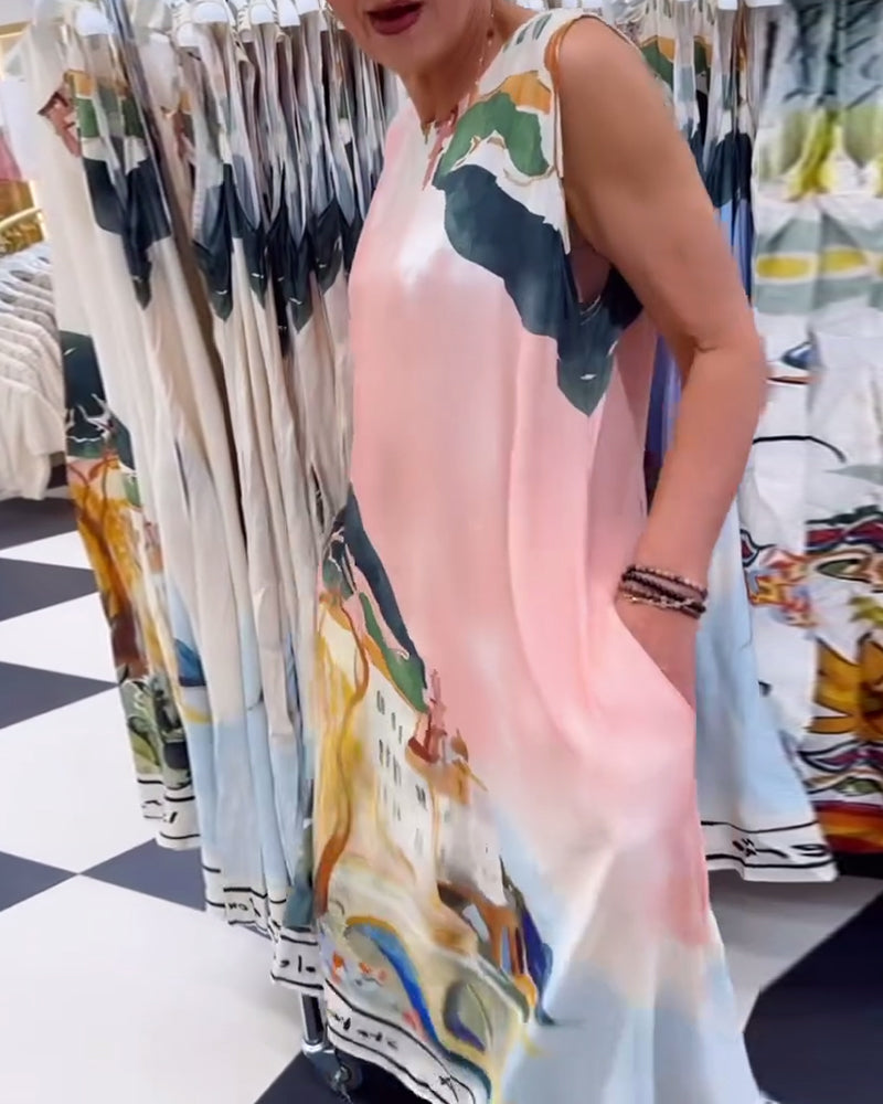 Ärmelloses, lockeres Kleid mit Landschaftsmalerei