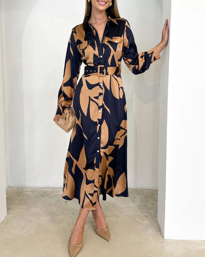 Elegant leaf print long sleeve lapel dress 2023 f/w casual dresses spring