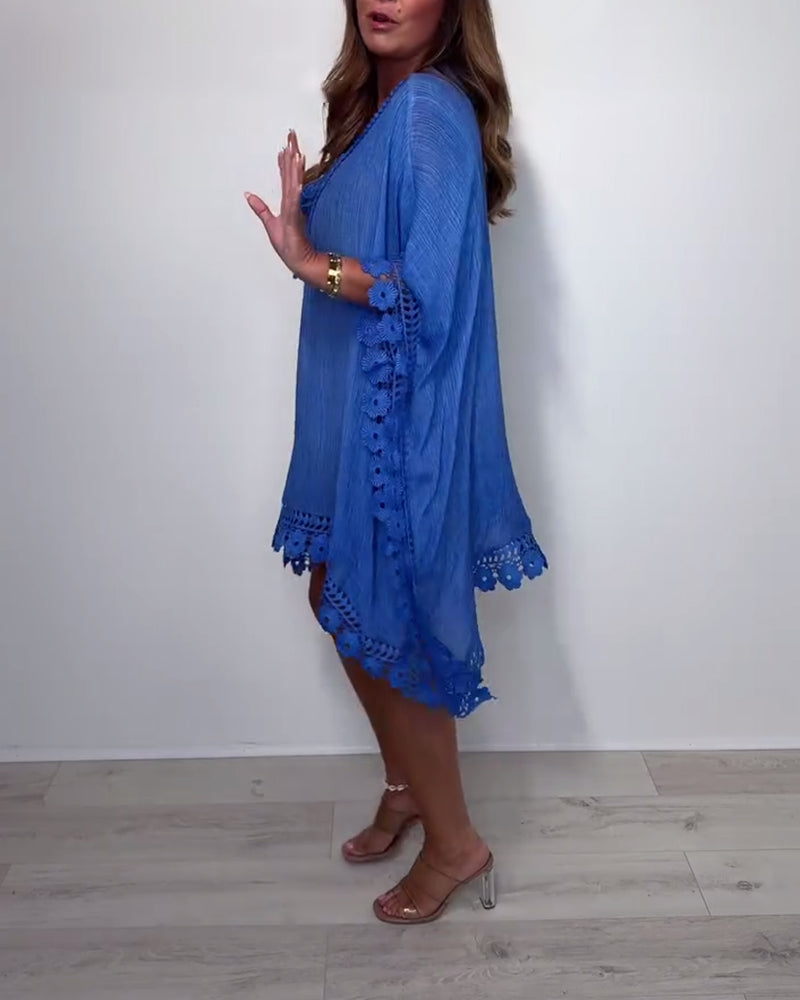 Einfarbiges Oberteil mit V-Ausschnitt und Fledermausärmeln