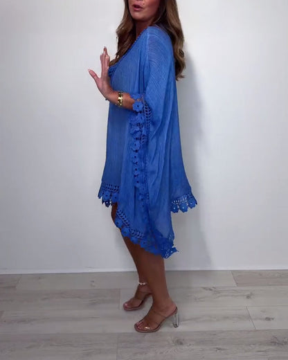 Einfarbiges Oberteil mit V-Ausschnitt und Fledermausärmeln