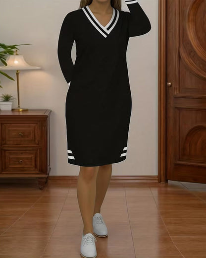 Color-Blocked Striped V-Neck Dress