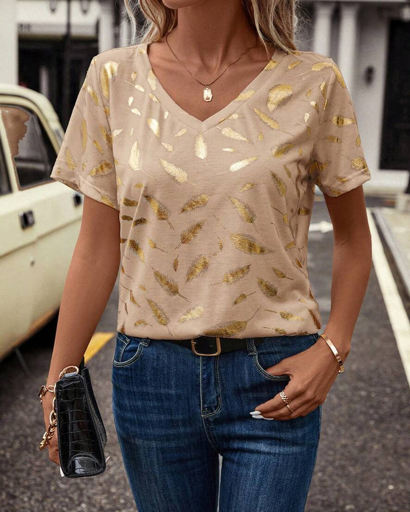 Lässiges T-Shirt mit V-Ausschnitt und Blattdruck
