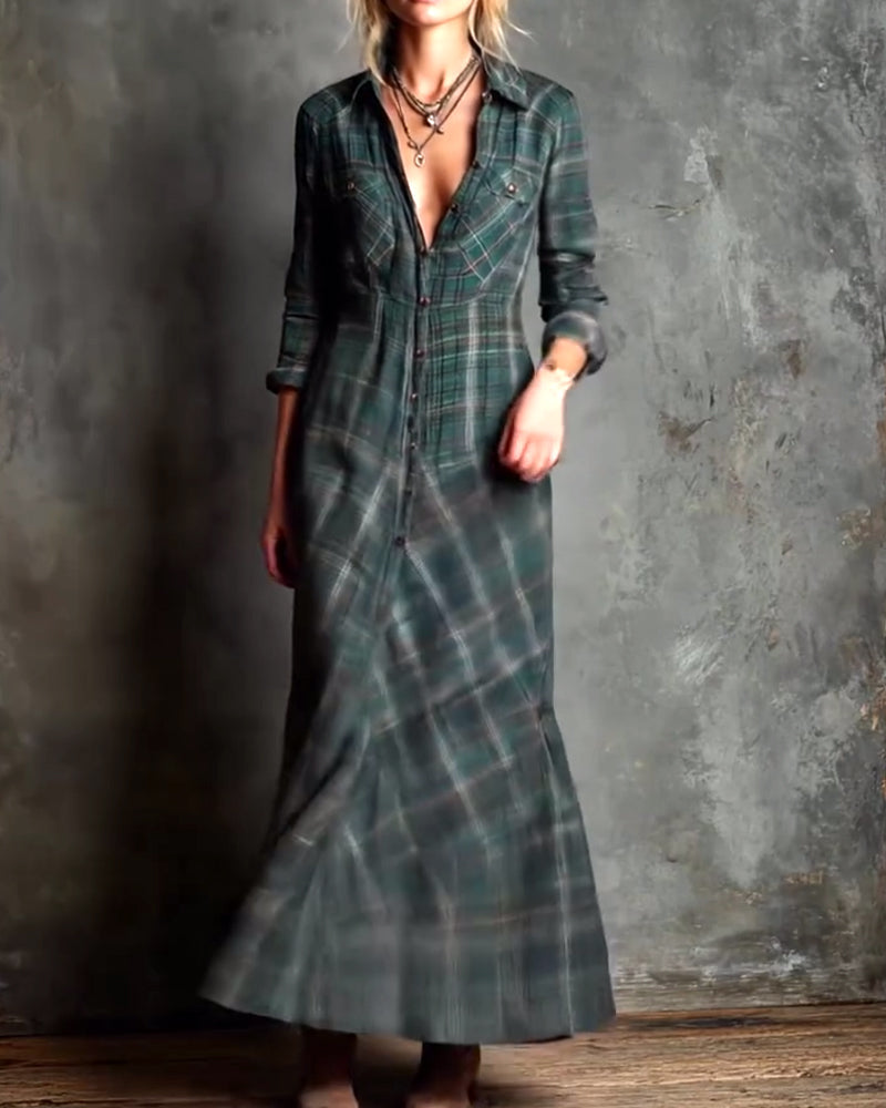 Fashionable Lapel Plaid Dress