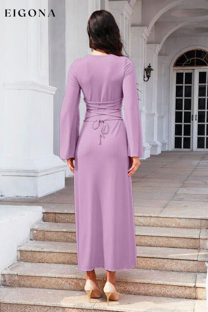 Tie Back Ribbed Round Neck Long Sleeve Dress casual dresses clothes dresses long sleeve dress long sleeve dresses maxi dress Ship From Overseas Y&M