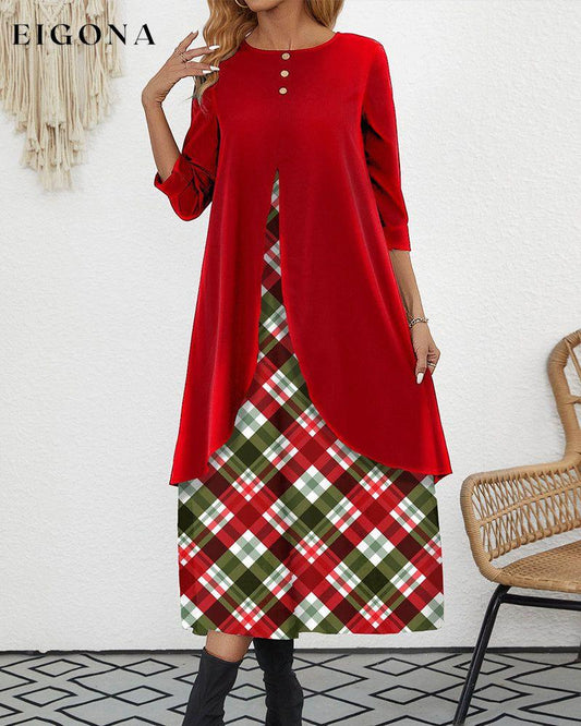 Red fake 2in1 plaid a line velvet dress Red 2023 f/w 23BF casual dresses christmas Clothes Dresses spring