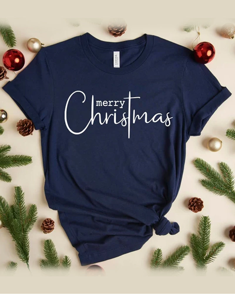 Merry Christmas simple letter print round neck T-shirt 2024 f/w christmas summer t-shirts