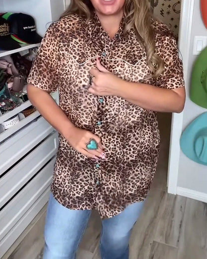 Stylish Leopard Print Short-Sleeved Shirt