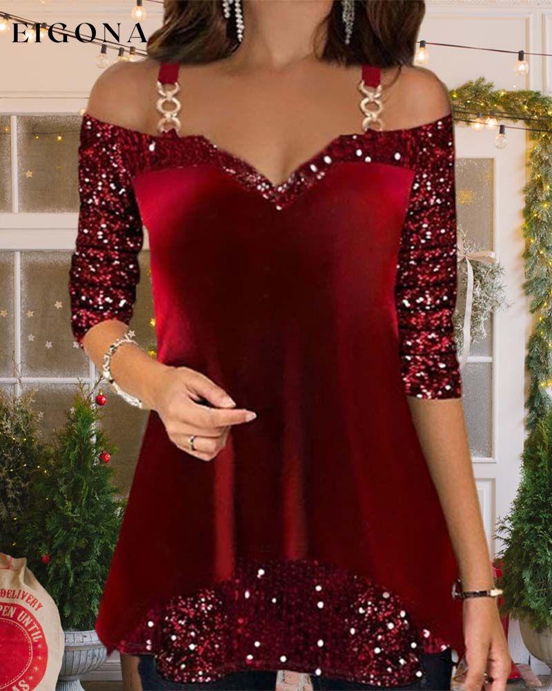 Off-the-shoulder sequined christmas top 2023 f/w 23BF blouses & shirts christmas Clothes spring