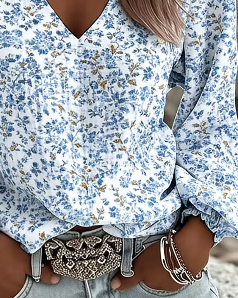 Puff Sleeve Floral V-Neck Blouse