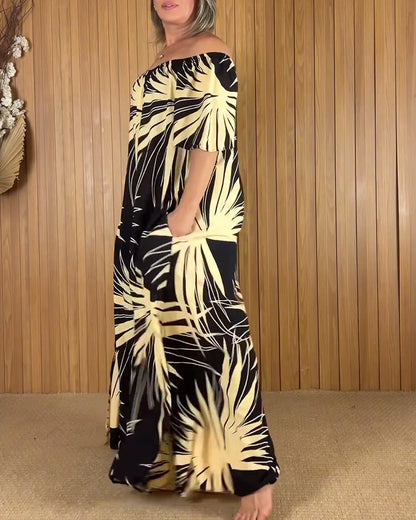 Schulterfreies Kleid mit Blattmuster