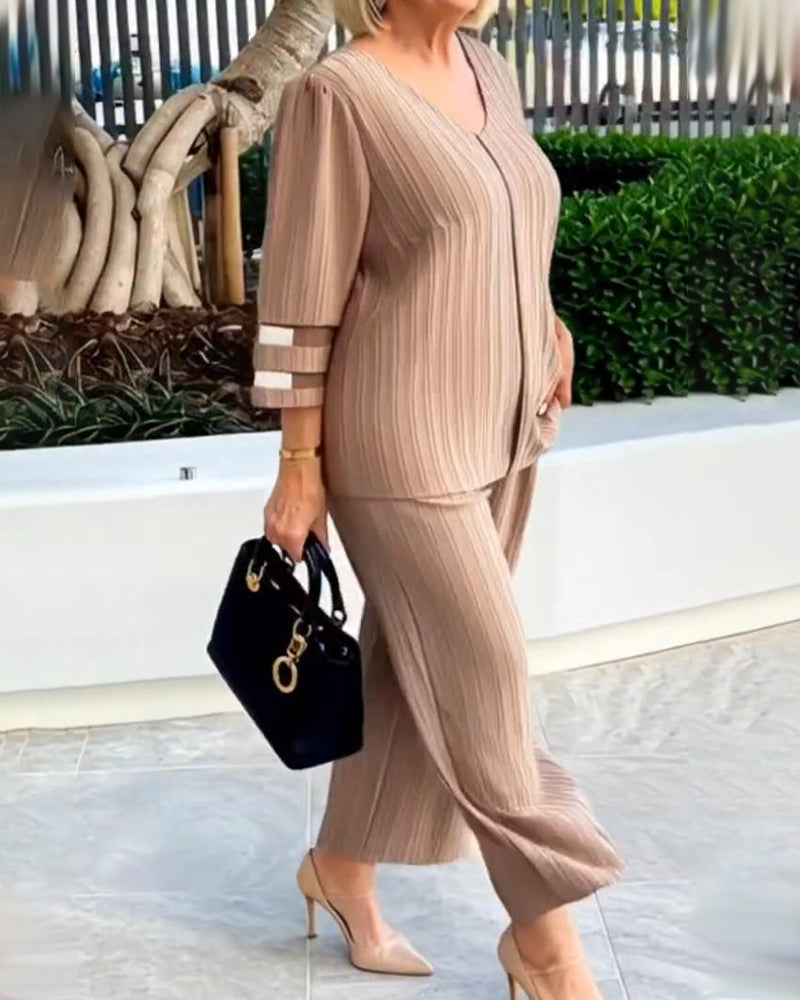 V-Neck Loose Top Wide-Leg Pants Set