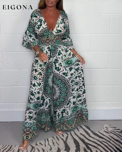 Printed deep V-neck jumpsuit jumpsuits spring summer