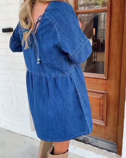 V-Neck Mid Sleeve Pleated Denim Babydoll Dress