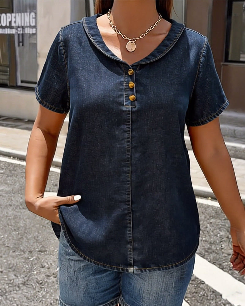 Peter Pan Collar Denim Short-Sleeved Top