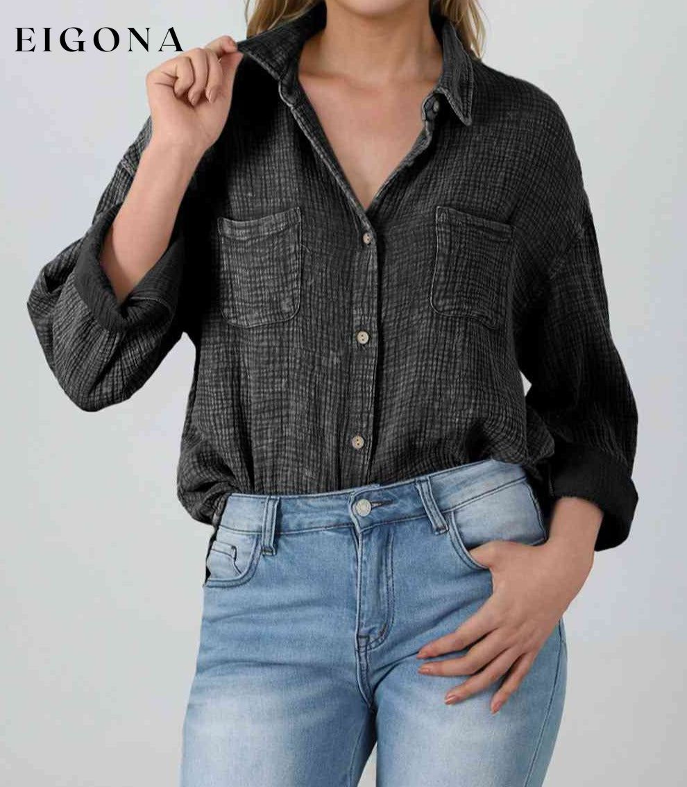 Textured Button Down Shirt Black button down shirt clothes Ship From Overseas shirt SYNZ top