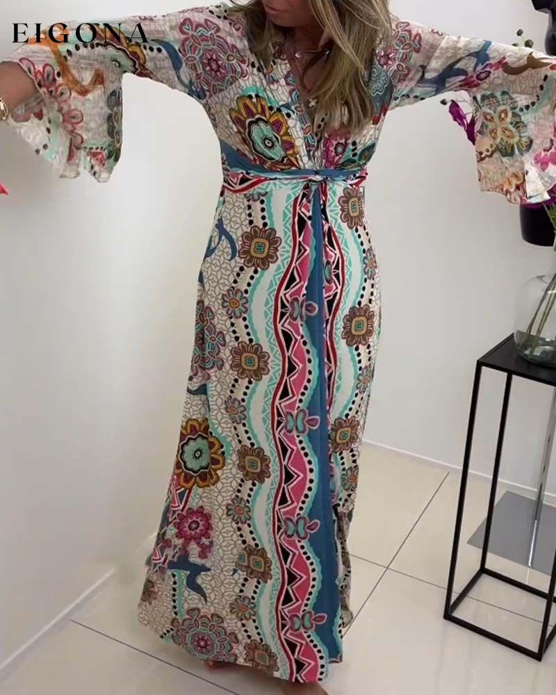 Elegant dress with colorful print and bell sleeves casual dresses spring summer