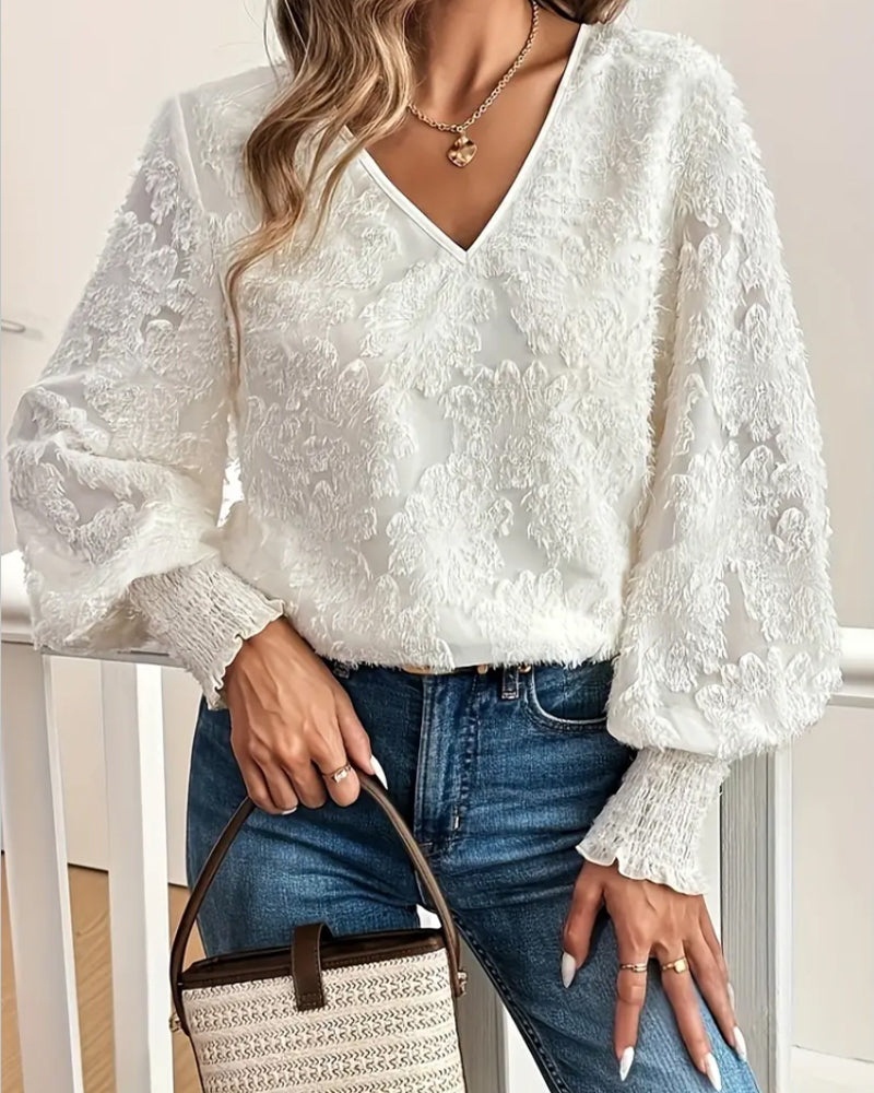 Lantern Sleeves Elegant V-Neck Blouse