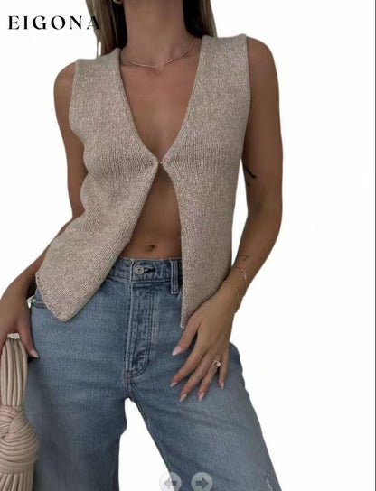 Women's Deep V Sexy New Sleeveless Hot Girl Knitted Top Cardigan Khaki clothes shirt shirts short sleeve top tops vest vests