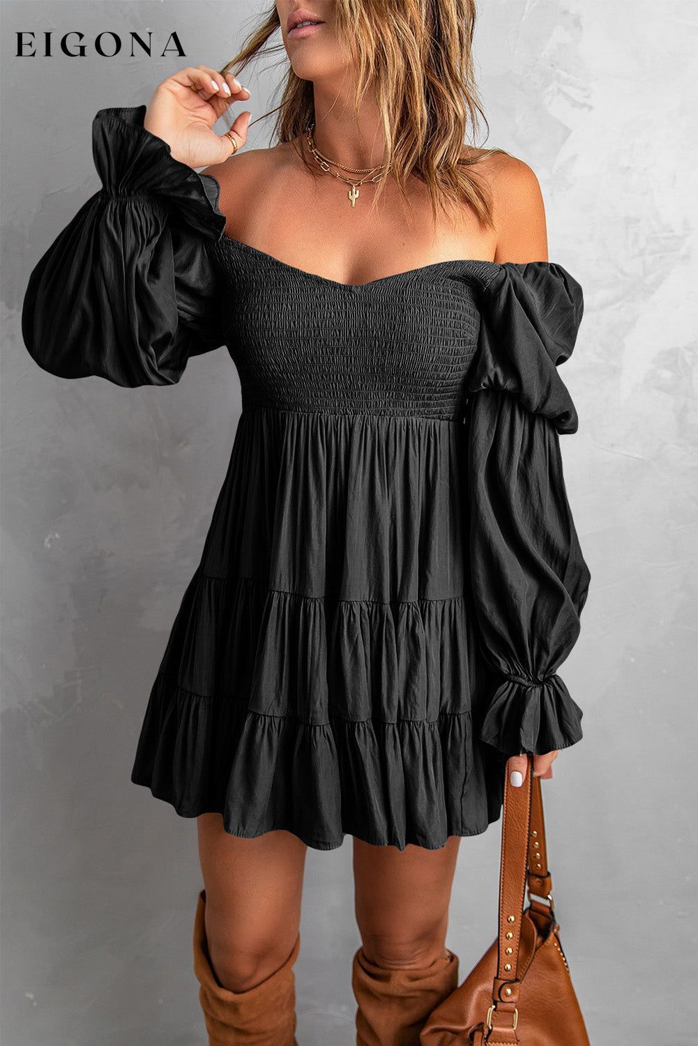 Smocked Off-Shoulder Tiered Mini Dress Black casual dress casual dresses clothes dress dresses long sleeve dress long sleeve dresses Ship From Overseas short dresses SYNZ