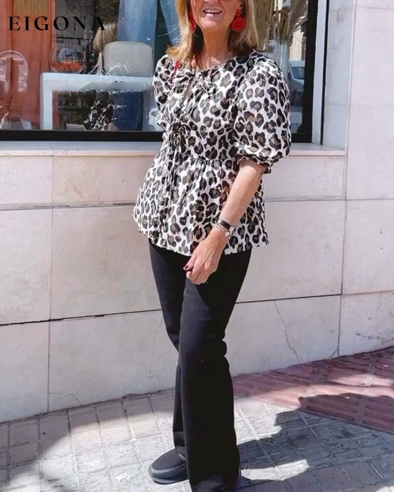 Leopard print lace-up casual half-sleeve top blouses & shirts spring summer