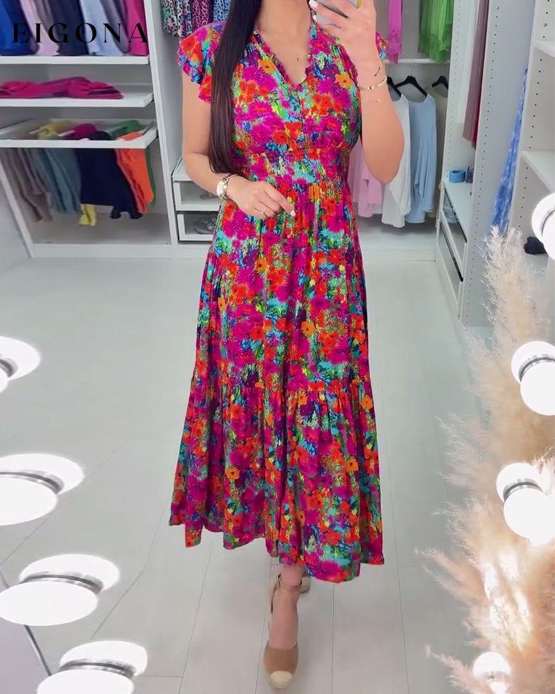 Colorful floral print V-neck elegant dress casual dresses summer