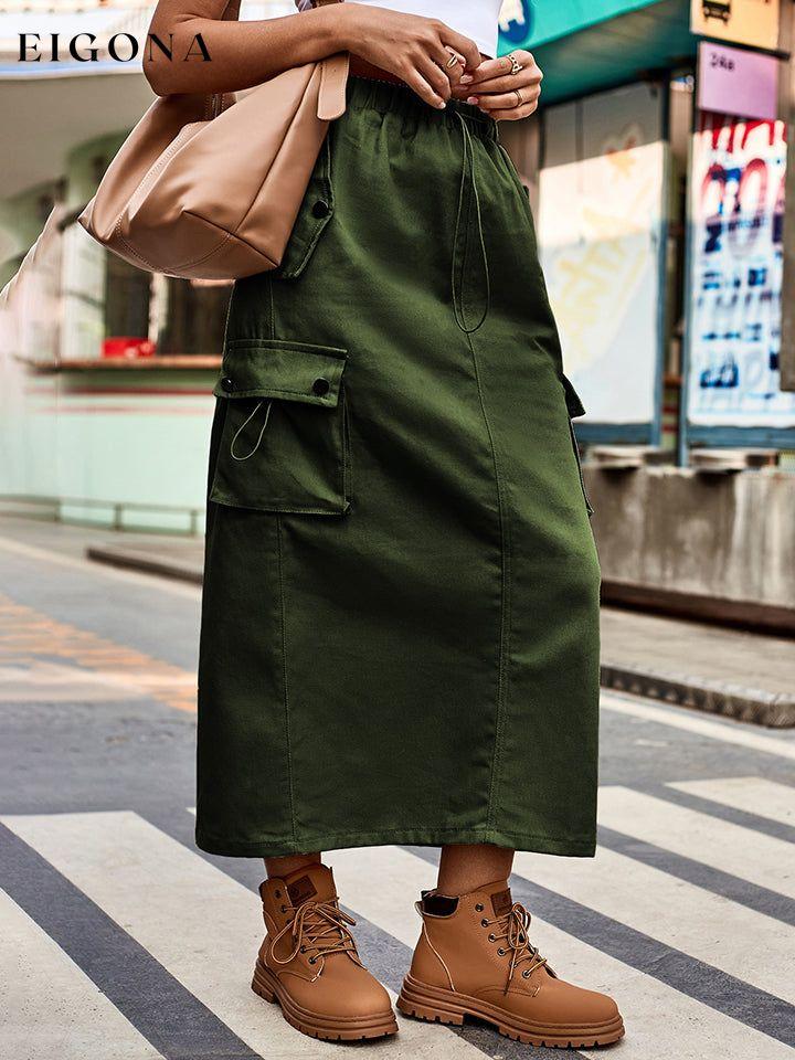 Drawstring Waist Slit Denim Skirt Army Green clothes M.F Ship From Overseas Shipping Delay 09/29/2023 - 10/02/2023 trend