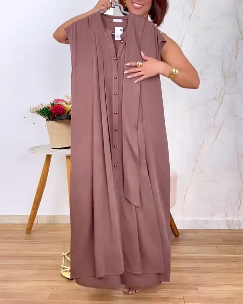 Sleeveless Stand Collar Pleated Waist Dress