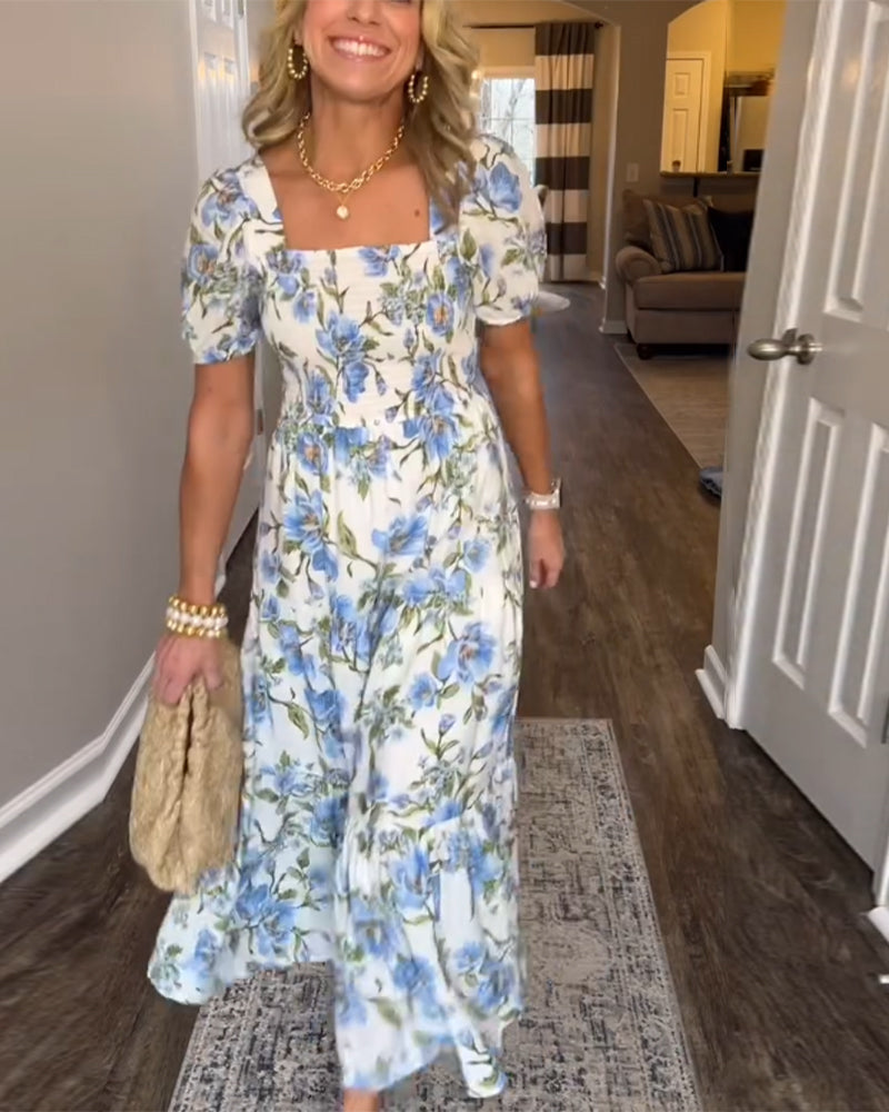 A-Linien-Kleid mit eckigem Ausschnitt, Plissee und Blumenmuster