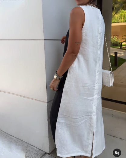 Ärmelloses Colorblock-Kleid aus Baumwolle und Leinen