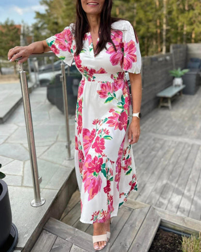 V-neck floral print waist dress casual dresses summer