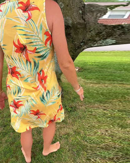 Ärmelloses, gerades Kleid mit V-Ausschnitt und Blumenmuster