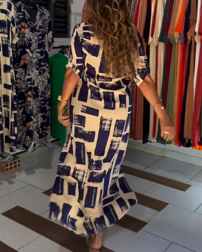 Lapel Slit Plaid Color Block Dress