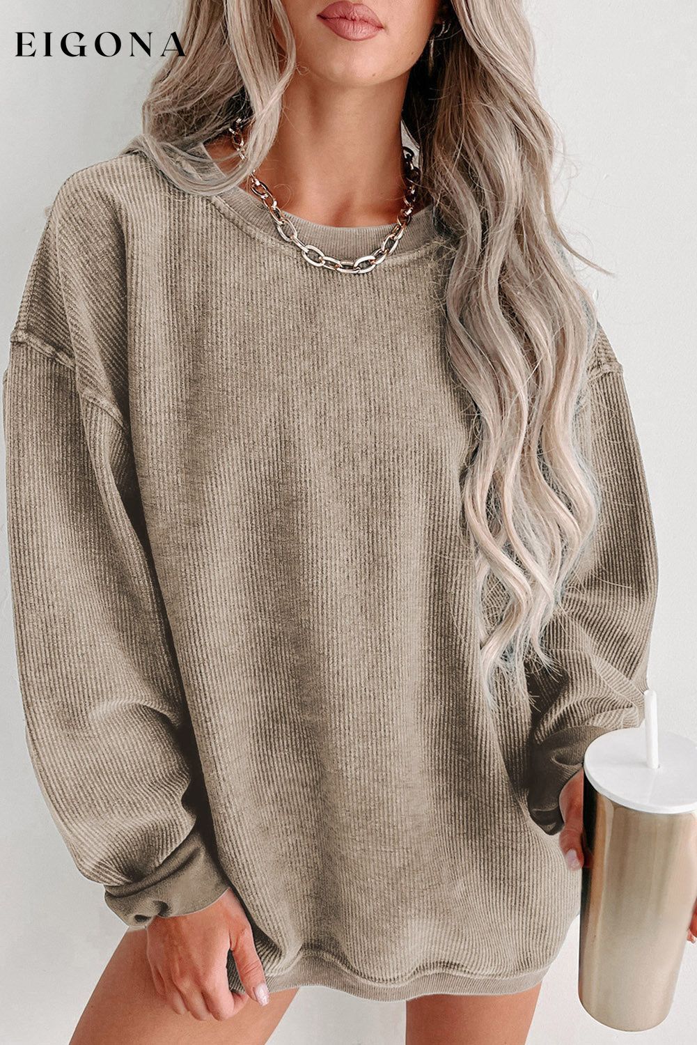 Round Neck Dropped Shoulder Washed Out Casual Sweatshirt Khaki clothes Ship From Overseas sweater sweaters SYNZ