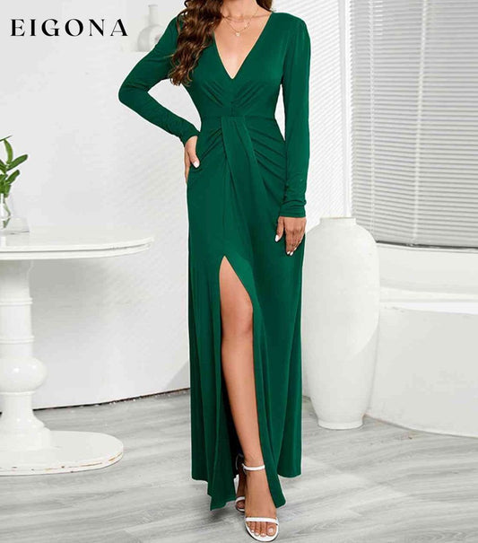 V-Neck Long Sleeve Split Dress Mid Green CATHSNNA clothes dress dresses maxi dress Ship From Overseas Shipping Delay 09/29/2023 - 10/03/2023