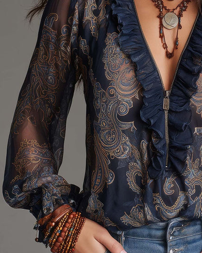 Half-Zip Ruffle Retro Blouse