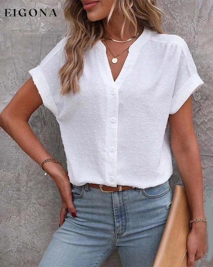 V neck short sleeve button top blouses & shirts summer