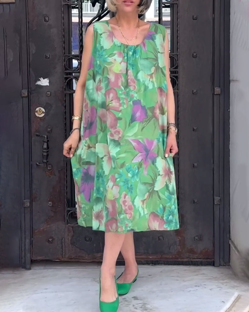 Floral print sleeveless round neck casual loose dress casual dresses summer