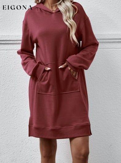 Slit Long Sleeve Hooded Dress with Pocket Wine Changeable clothes Ship From Overseas