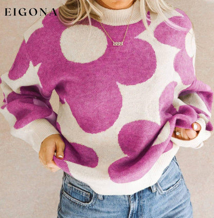 Bright Pink Big Flower Pattern Drop Shoulder Sweater clothes Color Pink Occasion Daily Print Floral Print Vintage Floral Season Fall & Autumn Style Southern Belle Sweater sweaters