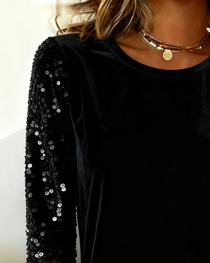 Crew Neck Velvet Sequined Top
