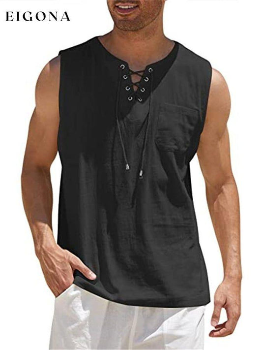 Men's Casual Cotton Linen Solid Color Hooded Lace Up Vest men s linens