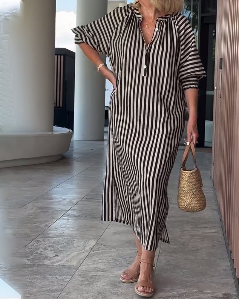 Puff Sleeve Button Slit Striped Dress