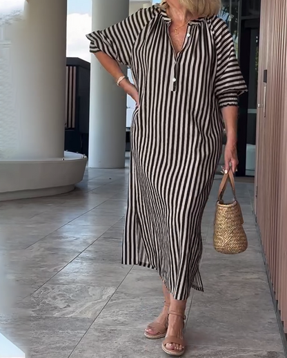 Puff Sleeve Button Slit Striped Dress