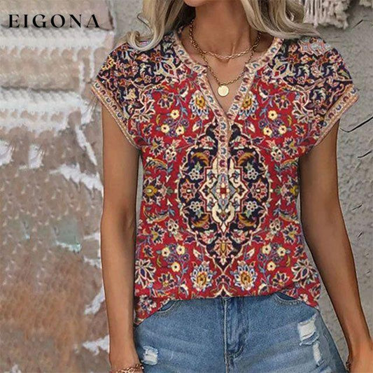 Ethnic Style Floral Print Blouse Red best Best Sellings clothes Plus Size Sale tops Topseller